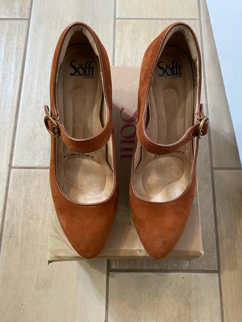 Söfft Rust Suede Mary Jane Heels with Gold Buckle